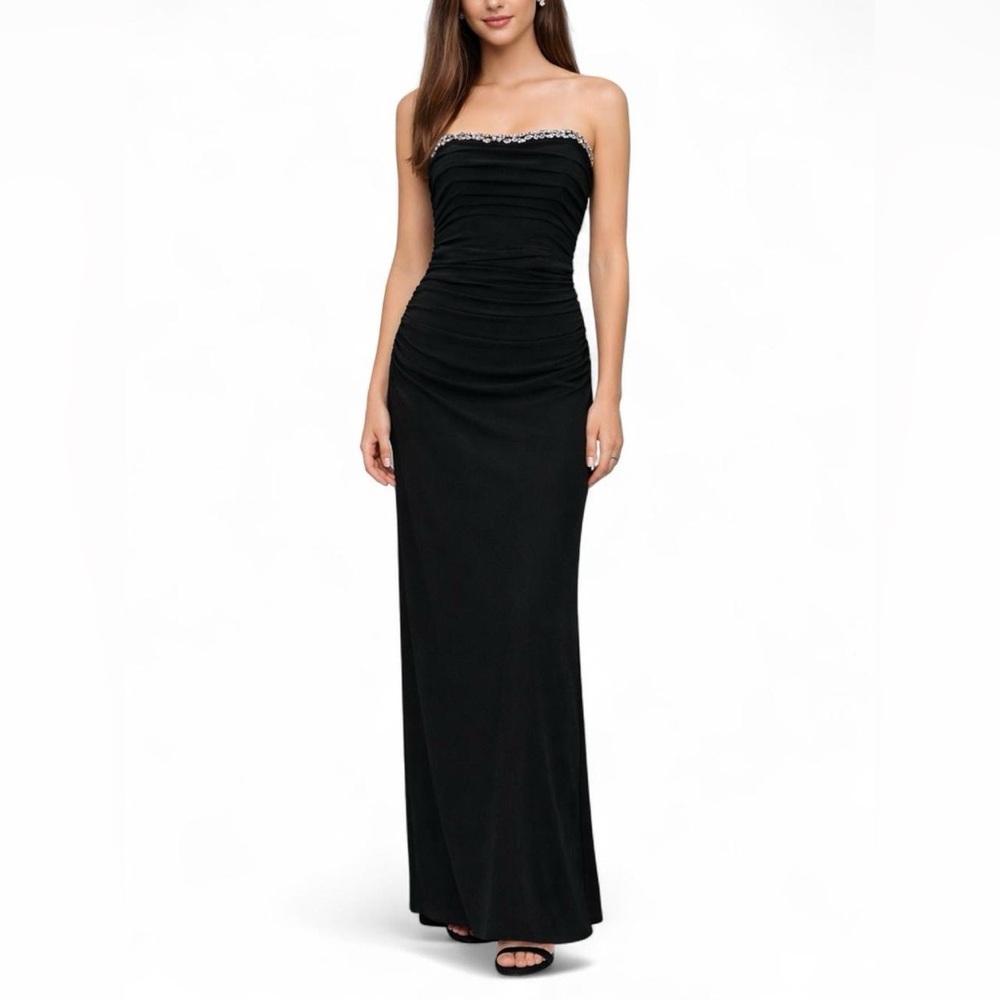 Allen Schwartz Y2K Black Strapless Evening Gown Prom Dress Crystal Beaded M 6-8